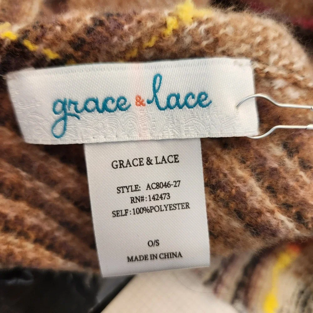 NWT Grace & Lace Brown Plaid Blanket Scarf  Fringe Winter Autumn Warm Shawl Wrap
